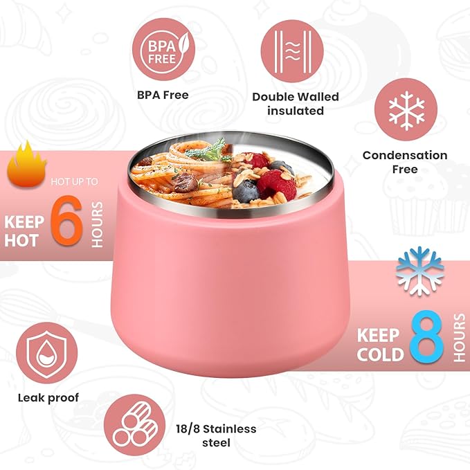 Kids Thermo for Hot Food, 14oz Insulated Soup Jar, Stainless Steel Lunch Box with Leakproof Lid & Spoon, Vacuum Insulated Bento Container (Dark Pink)