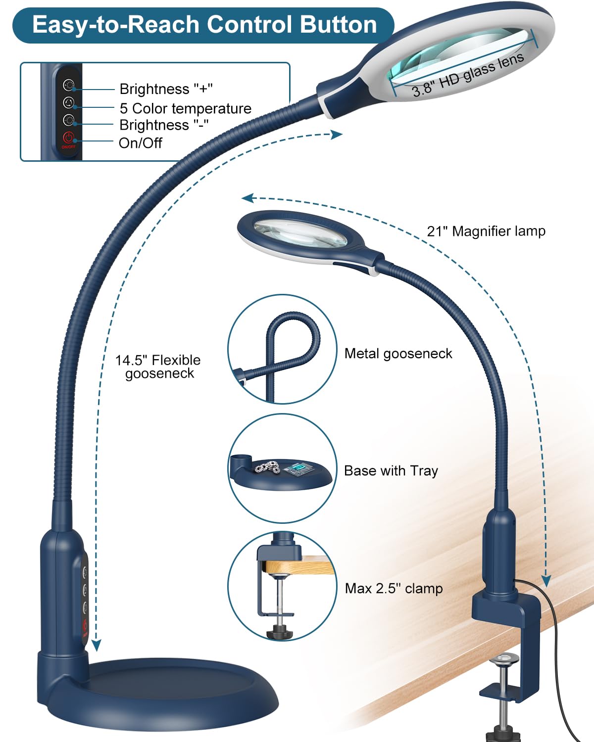 RackydigPro 10X Magnifying Glass with Light, LED 5 Color Modes, Flexible Gooseneck Desk Lamp, Blue, Model LBJT031FE01R