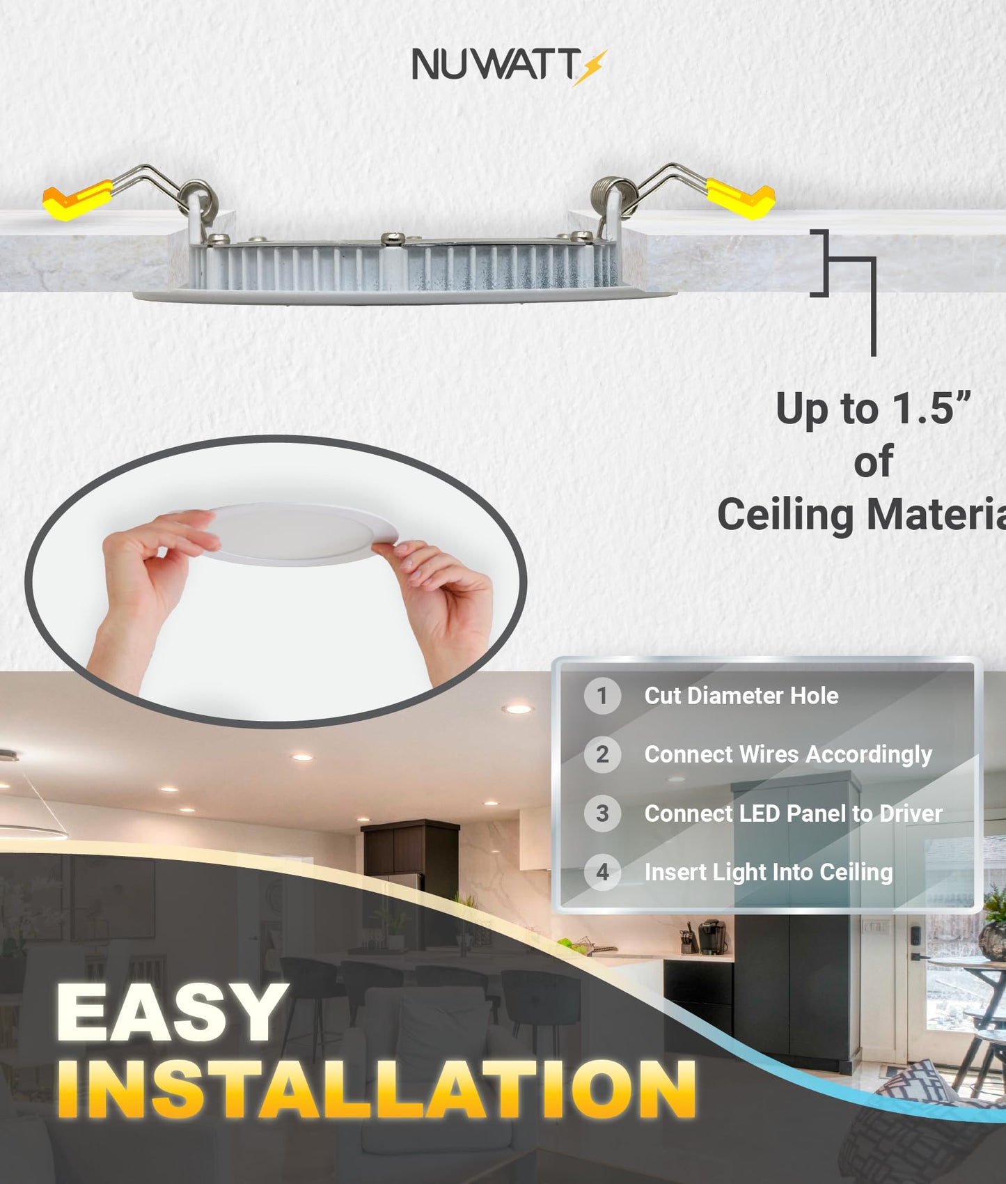 Nuwatt 6 Pack  6 Inch Ultra-Thin Led Recessed Lighting  Cct 2700K/3000K/3500K/4000K/5000K Selectable  1050Lm  15W  Dimmable  Ic Rated  Wet Rated  White Trim Canless Slim Wafer Light With Junction Box