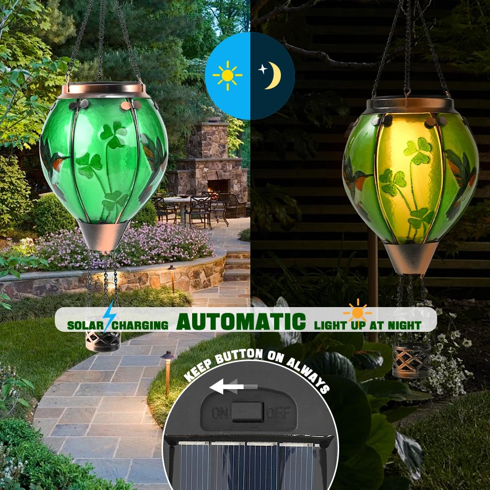 St Patricks Hot Air Balloon Solar Lantern - PatrickS Shamrock Glass Lantern  Simulated Flickering & Dancing Flame  Outdoor Hummingbird Hanging Yard Light For Patio Porch Decor Irish Clover Gift