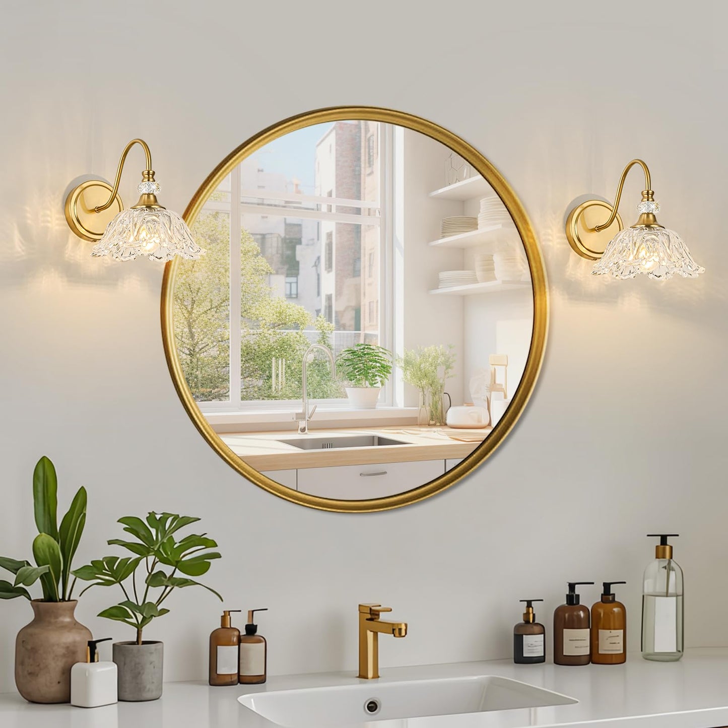 Sunkryster 1 Piece Gold Wall Sconce With Floral Clear Glass Shade  Brushed Gold Finish Wall Mount Lighting For Bathroom Vintage Bathroom Vanity Light Fixtures
