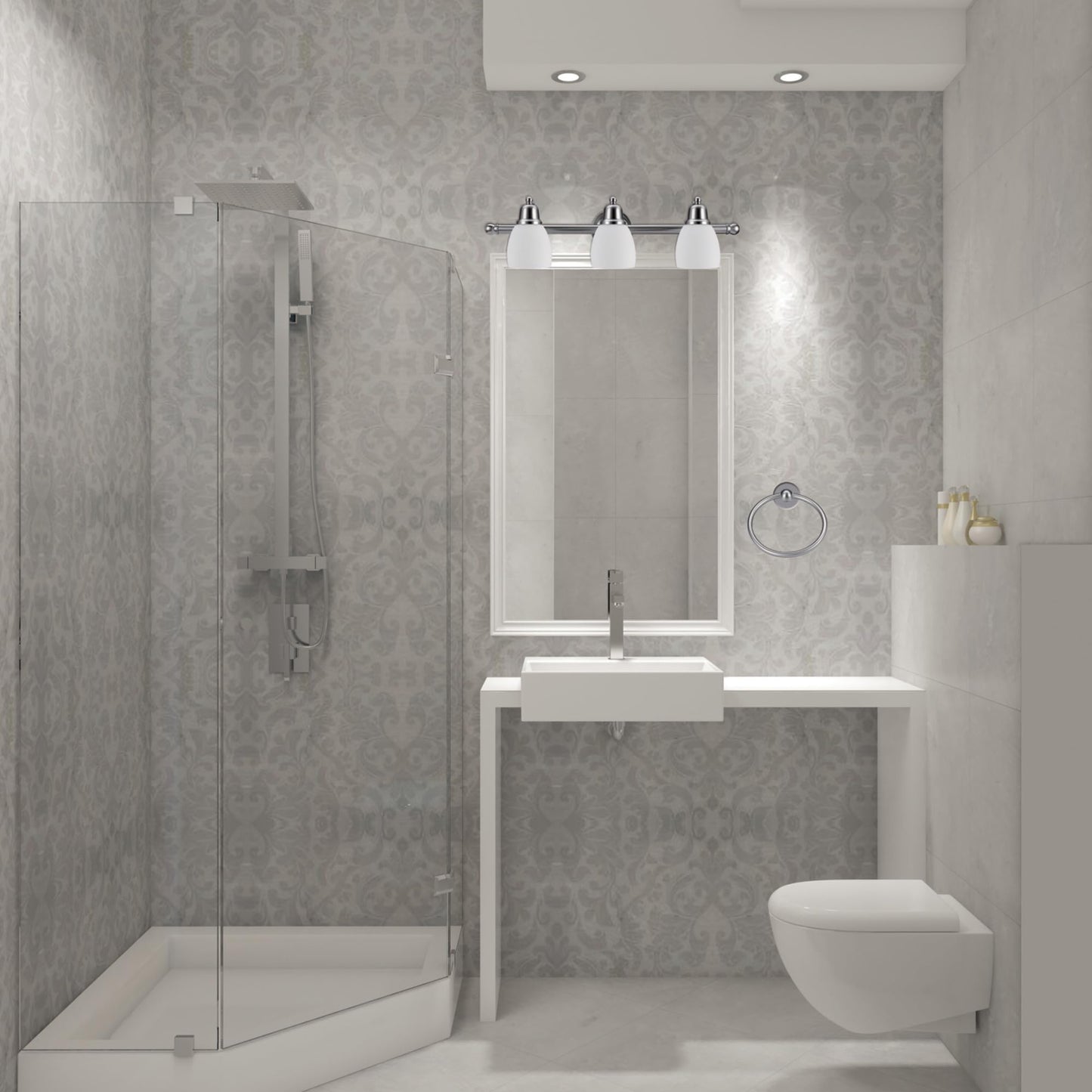 Globe Electric 51229 Jayden 5-Piece Bathroom Set, Satin Nickel, 3-Light Vanity, Glass Shades, 9.84 inches