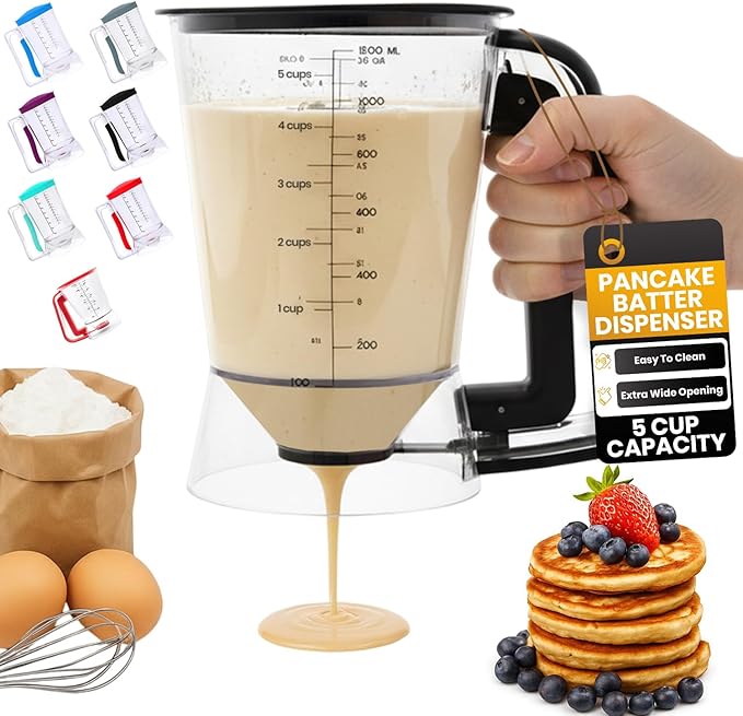 Eggssentials - Pancake Batter Dispenser with 5-Cup Capacity - Waffle Batter Dispenser for Pancakes, Cupcakes & Crepes, Easy-Squeeze Handle, Dishwasher Safe - Black Pancake Dispenser