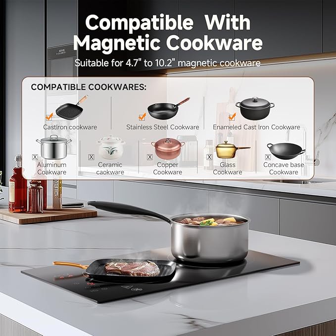 AMZCHEF Induction Cooktop 2 Burners, 12 Inch Bulit-in & Countertop Induction Stove with Plug 110V-120V, 9 Power Levels Electric Stove 1800W, Child Lock, Timer, Touch Control for Fast Cooking