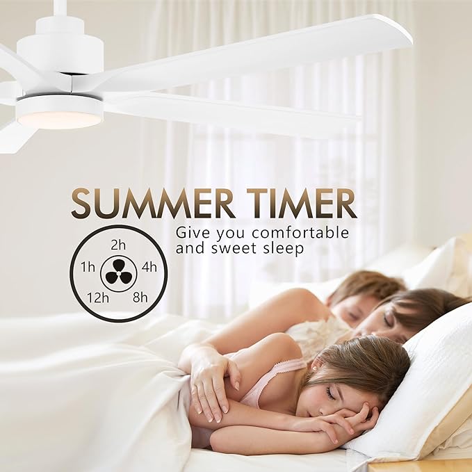 60" Modern Ceiling Fan with Lights and Remote Control, 5 Solid Wood Blades 6-Speed Noiseless Reversible DC Motor, Ceiling Fan for Bedroom Dinning Living Room, White