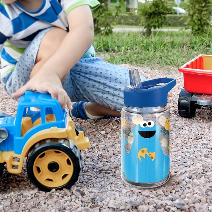 LOGOVISION Sesame Street Kids Tritan Plastic Water Bottle with Straw Lid and Handle, Reusable Tumbler for Toddlers, Unisex for Girls and Boys, 12oz, Big Cookie Monster