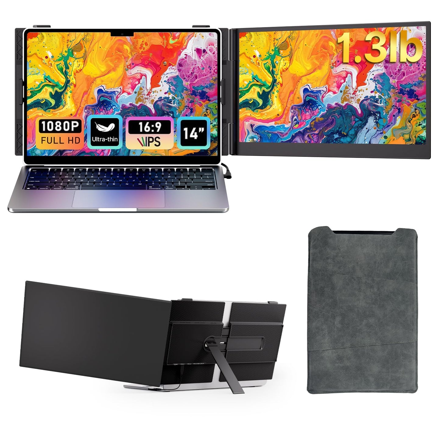 AOKER Laptop Screen Extender - Ultra-Thin 1.3lbs 14" FHD IPS Dual Portable Monitor Extension for Laptop, Attachment Plug & Play for 13-17" Laptops, Second Extra Travel Display for Windows/Mac/Android