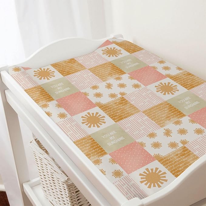 Colorful Boho Sun Changing Pad Covers Cute Sunshine Stripes Diaper Change Pad Sheets for Girls Boys Letters Quote Soft Breathable Stretchy Snug Fitted Changing Mat Cover 32''x16''