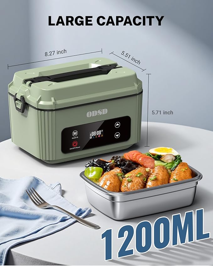 ODSD Cordless Electric Lunch Box for Adults, Heated Lunch Box 130min Battery Life, Self-Heating Portable Electric Food Warmer with 1.2L SS Container for Truck, Office, or Outdoor Worksite