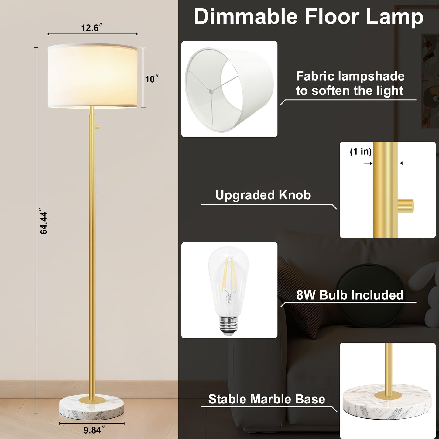 Aulaiyi Dimmable Gold Floor Lamp, Tall Metal Standing Lamp with Marble Base, Model WK012, Ideal for Living Room, Bedroom, Office