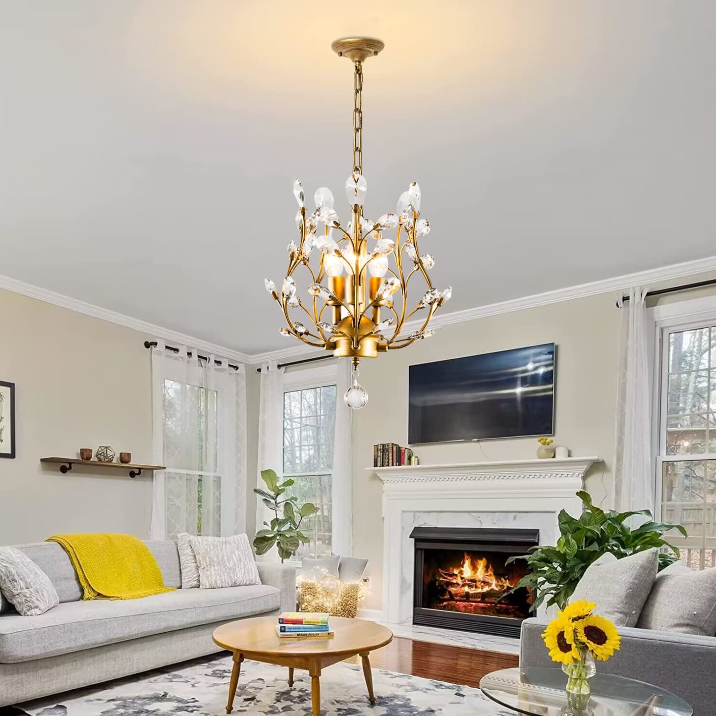 Ganeed K9 Crystal Chandelier - 3-Light Pendant Light, Golden Iron & Crystal, Ideal For Living Room, Bedroom, Restaurant, Hallway
