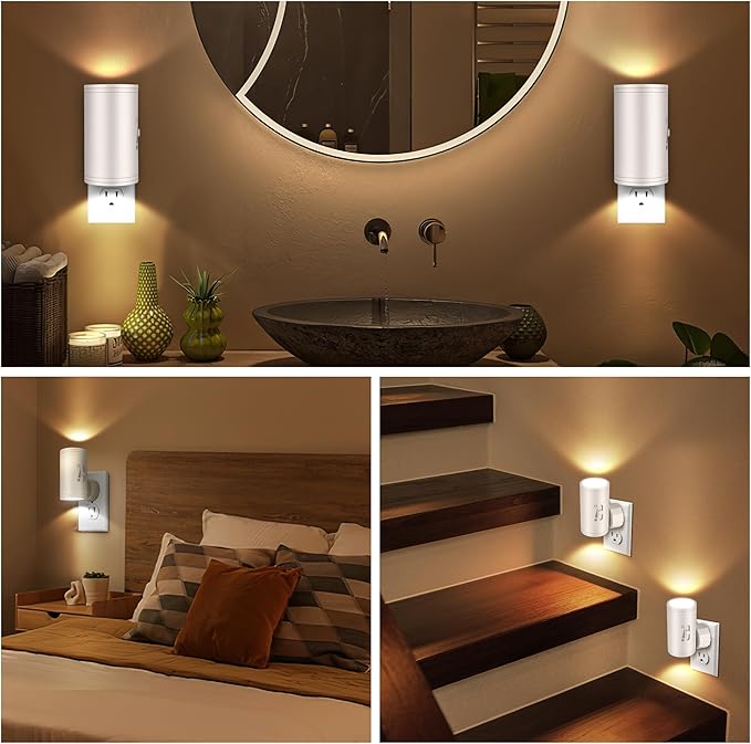 LED Plug-in Wall Night Light with Dimmable 0-300 Lumens, 3000K Soft White, Auto On/Off Light Sensor & Adjustable Head for Hallway, Stairs, Bedroom,2 Pack