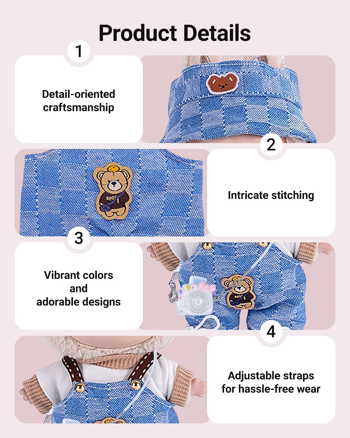 4pcs Handcrafted Doll Clothes Set for 15cm/17cm Labubu Dolls (No Doll, No Shoes), Cute and Premium Outfits Accessories, Stylish Clothes for Boys Girls Birthday Collectors (Blue Overalls Set) AK053BL