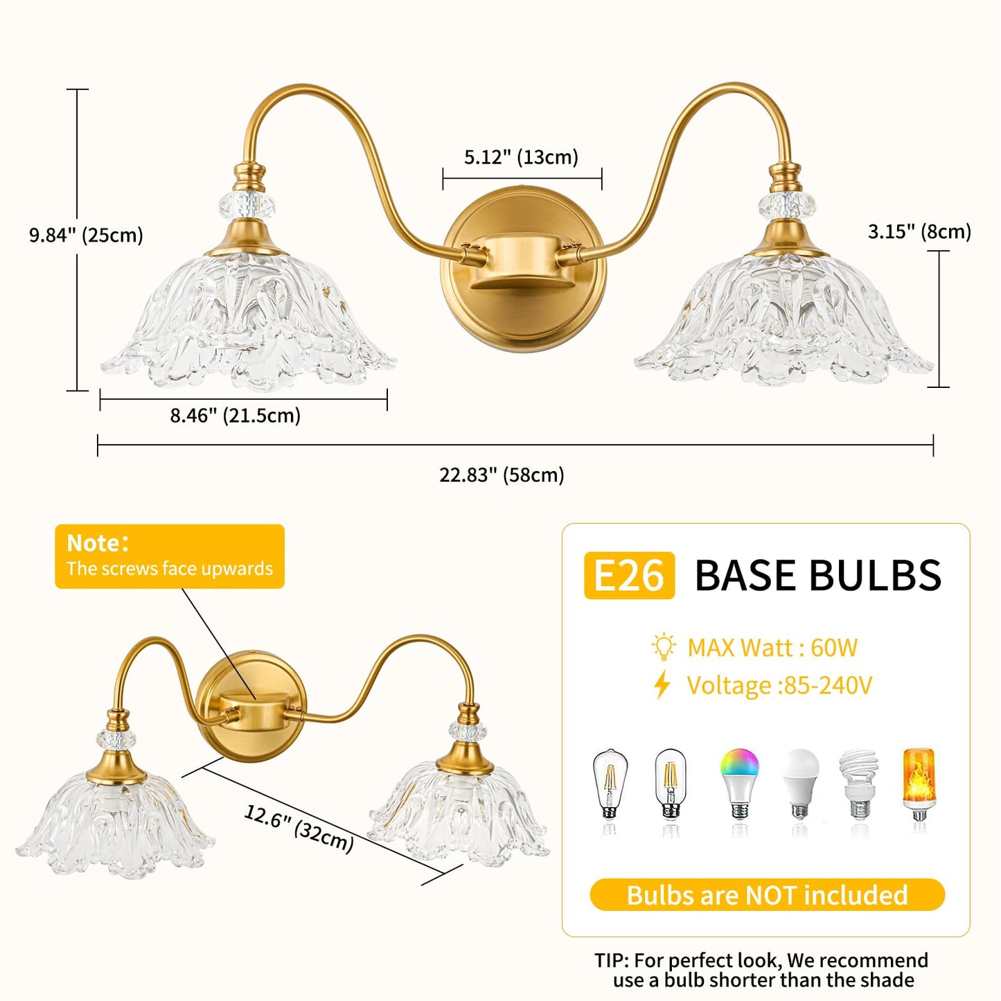 Sunkryster Gold Bathroom Vanity Light  2-Light Brushed Gold Finish Vanity Light With Floral Clear Glass Shades  Retro Wall Mount Lighting For Bathroom  Dressing Table