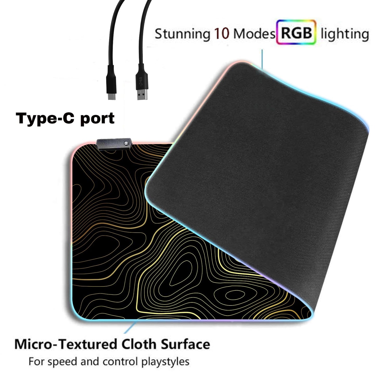 RGB Mouse Pad LED Desk Mat Large Gaming Mousepad Black and Gold Line Design, Keyboard Pad XL Mouse Mat for Home and Office (Black with Gold Topographic Line)