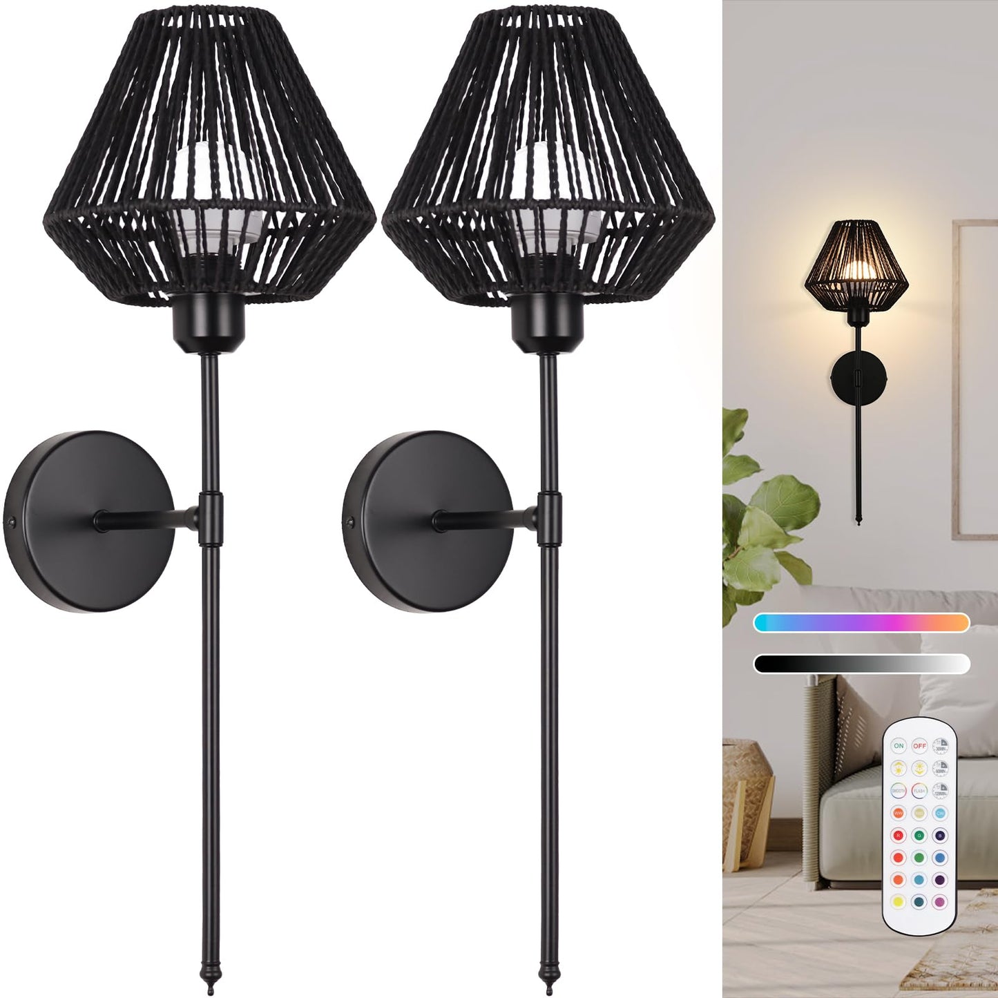 Ovyiech Wall Sconces Set of 2, Dimmable Rattan Rechargeable Light with Remote, 15 Color Changing, Black, Model YH8803H