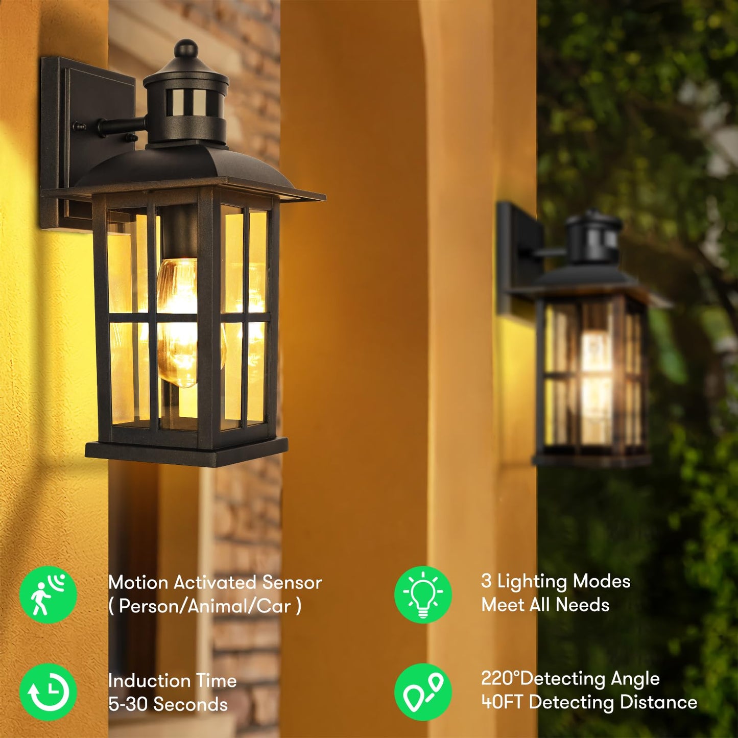 VerRon Motion Sensor Outdoor Light - Waterproof Aluminum Wall Sconce, Black, Model A0728, 1 Pack, Dusk to Dawn, Seeded Glass