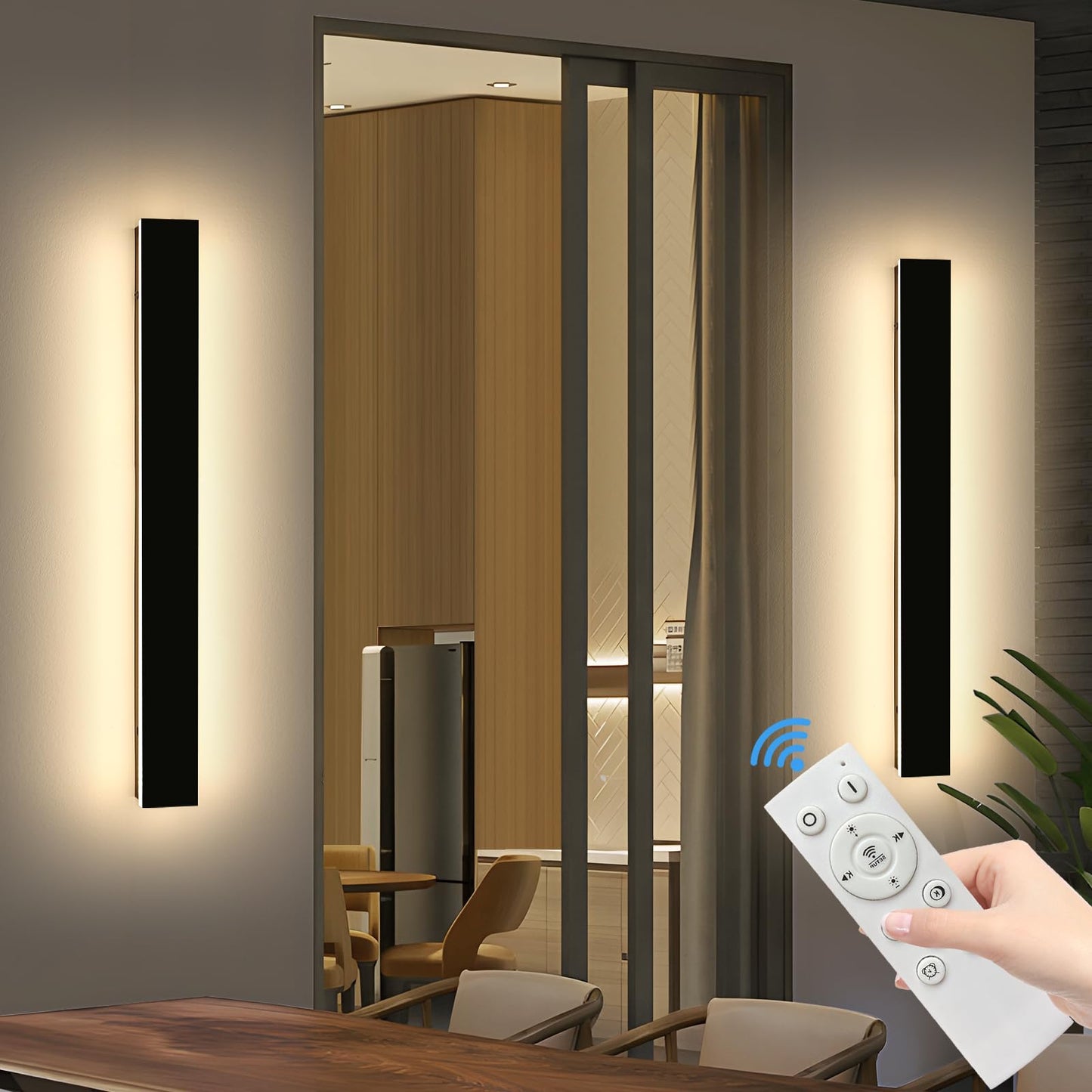 Mikeru 3CCT Dimmable Outdoor Wall Sconce, 39.3in IP65 Waterproof, Remote Control, Black, Model FTBD-ZB2P, 2-Pack