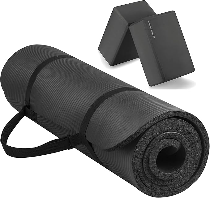 Fitvids All Purpose 1/2-Inch Extra Thick High Density Anti-Tear Exercise Yoga Mat with Carrying Strap and Yoga Blocks, Mul...