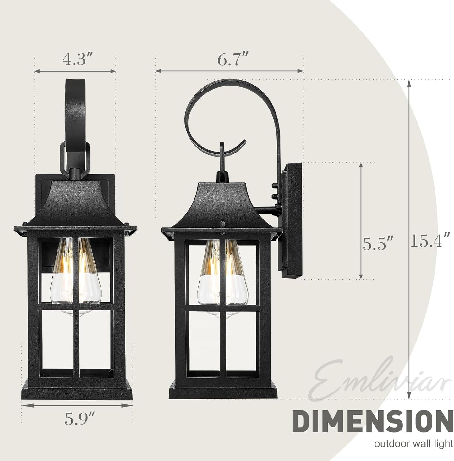 Emliviar 15.4" Wall Sconces Set of Two, Outside Wall Light Fixtures with Clear Glass, Matte Black Coach Lamps for Front Door, YXE306B-2PK BK