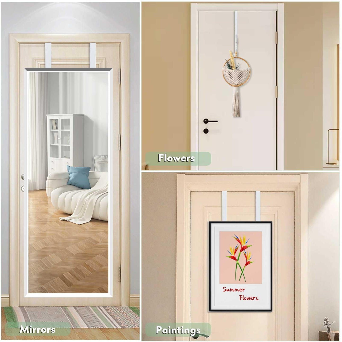 FWUNYVN Over-The-Door Mirror Hanger, Adjustable Door Mirrors Hanger Set with Protective Lining, 2 Pcs Door Brackets Perfect Height and Fit (Mirror Not Included)-White