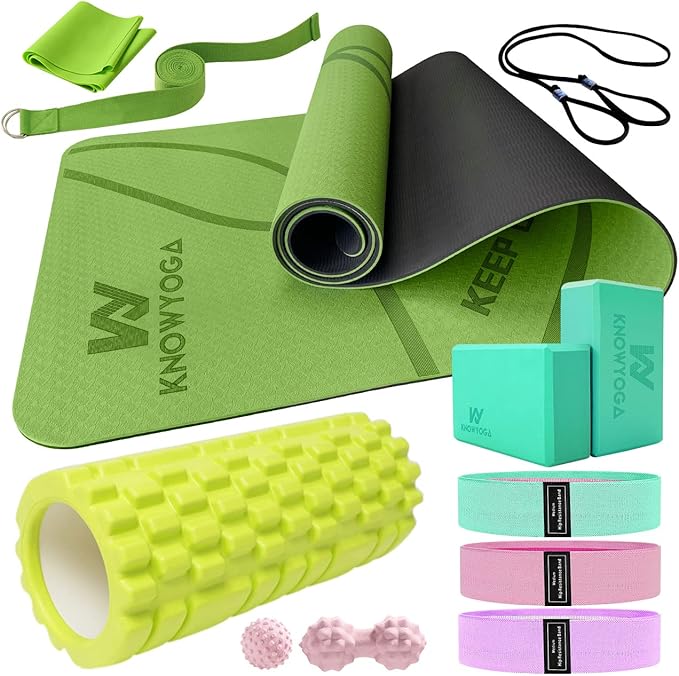 Yoga Starter Kit 12 in 1 - Set Include Mat, Foam Roller, 4 Resistance Bands, Blocks 2 Pack with Strap, 2 Peanut Massage Ba...