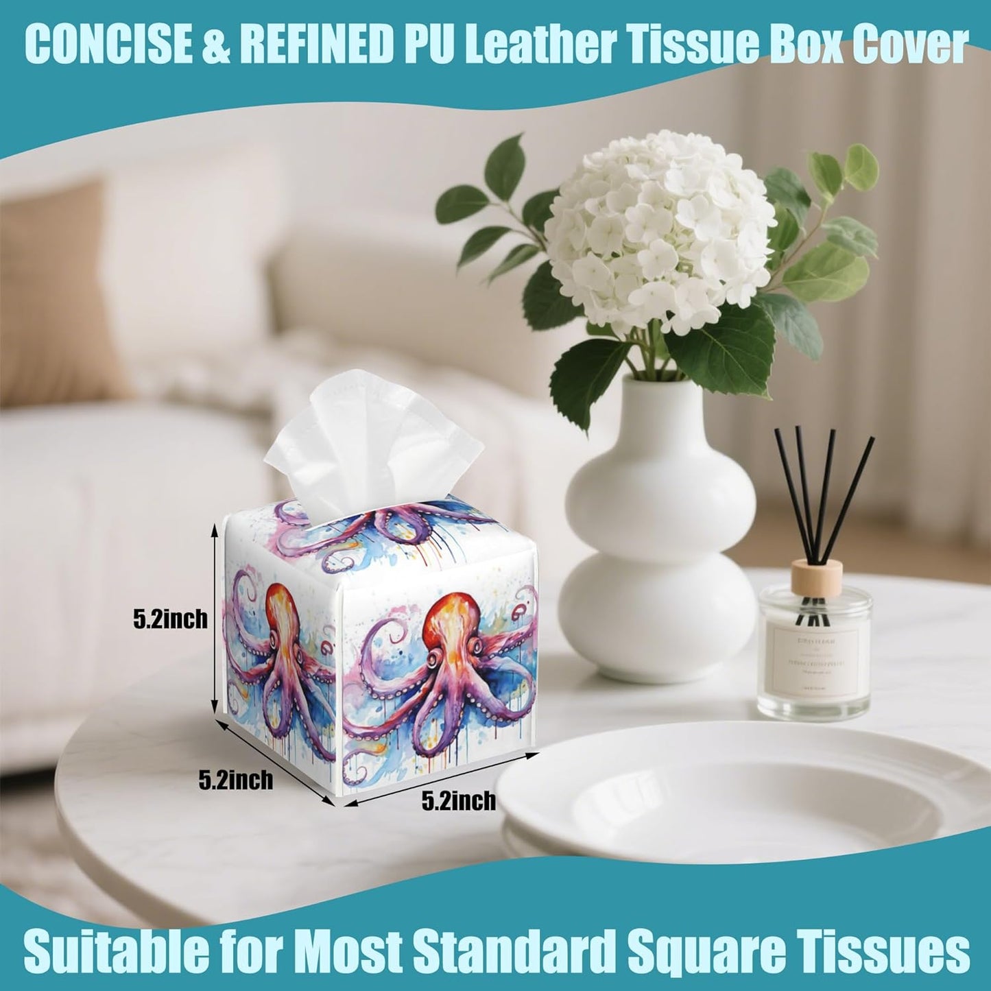 Watercolor Squid Tissue Box Cover,Colorful Splashes Tissue Box Holder Square with Bottom Belt,Waterproof Modern Napkin Holder Organizer for Bedroom Dresser Night Stand Office Desk,5.2" x 5.2" x 5.2"
