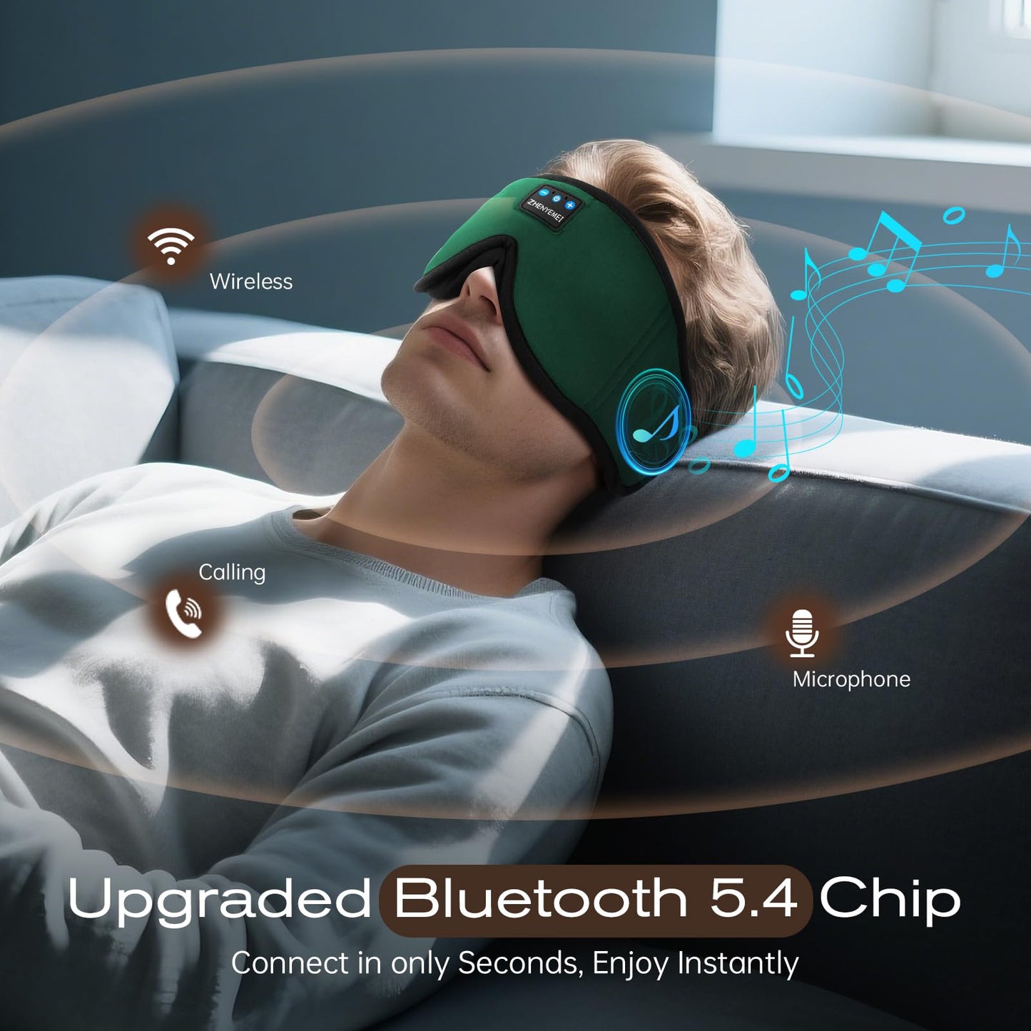 ZHENYEMEI 3D Sleep Mask with Bluetooth Headphones, Sleeping Headphones for Side Sleepers, Wireless Music Eye Mask with Ultra-Thin Stereo Speakers for Men, Women, Tech Gifts, Deep Green