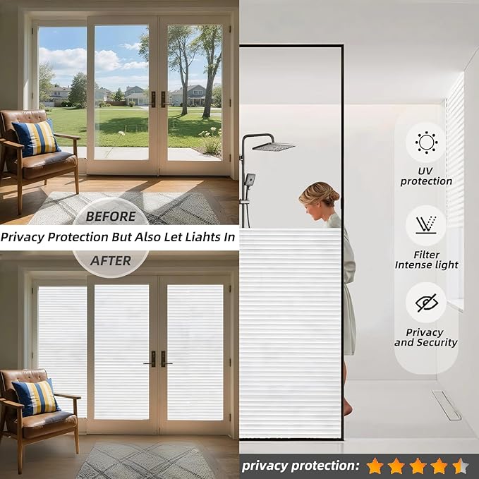 Frosted Glass Window Privacy Film Decorative, Bathroom Window Privacy Film for Glass Windows Cover, Static Cling, Removable, Reusable, Anti-UV, Heat Blocking, with Tools 45x157inch