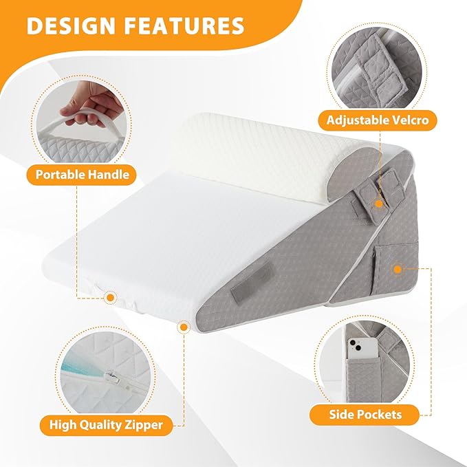 3PCS Orthopedic Bed Wedge Pillow Set for Sleeping, Wedge Pillow for Back Pain Relief, 10-in-1 Adjustable Bed Wedge Pillow Post Surgery, Triangle Pillow for Acid Reflux Snoring Gerd, White/Grey