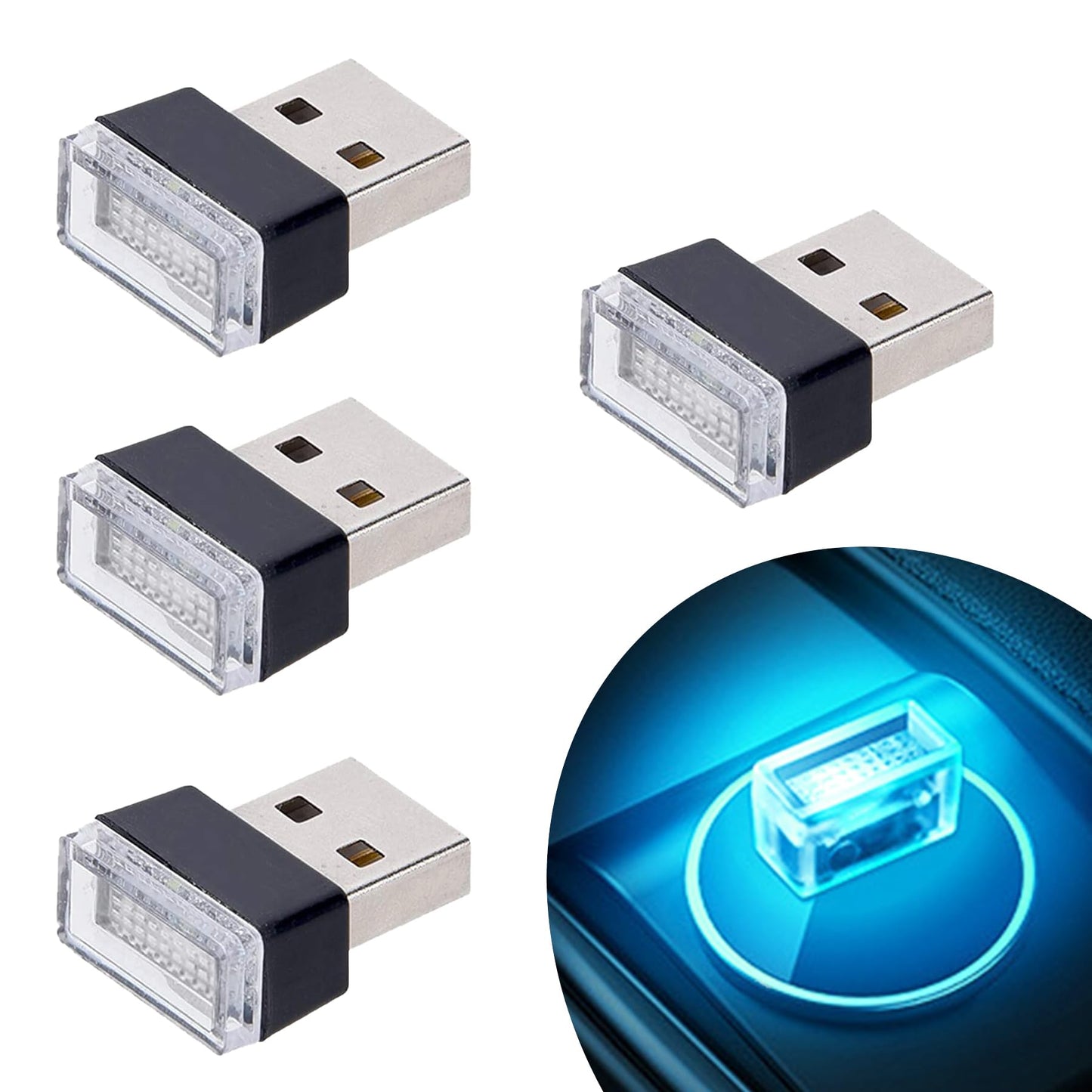Febrytold 4Pcs Ice Blue Usb Car Interior Atmosphere Lamps, Universal Mini Led Usb Lights For Car Decoration, Lighting