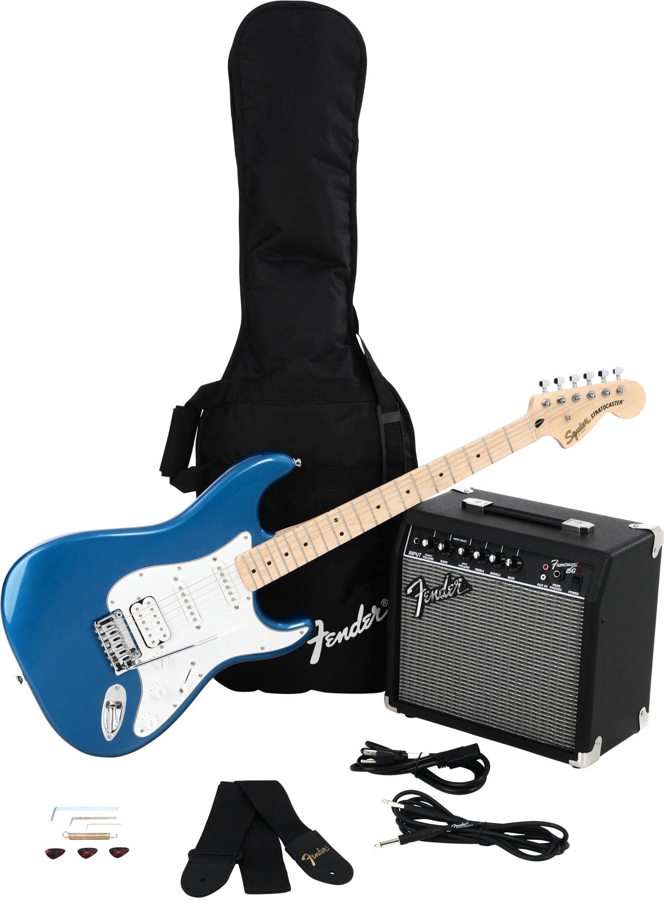 Fender Squier Affinity Series Stratocaster Electric Guitar Kit, With 2-Year Warranty, Lake Placid Blue, Maple Fingerboard With F