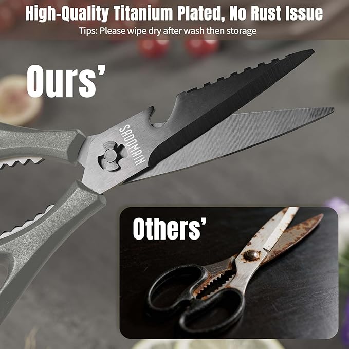 Kitchen Scissors All Purpose, Extra Sharp Kitchen Shears with Knife Sharpener & Sheath, Solid & Durable Stainless Steel Scissors with ANTI-RUST Black Titanium Plated, Dishwasher Safe - Grey