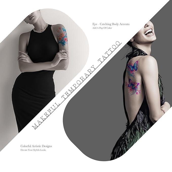 Watercolor Temporary Tattoos｜Women-Exclusive Tattoos (with Florals, Butterflies, Jellyfish, Beauties & More)｜Hyper-Realistic Fake Tattoos, Top Choice for Parties, Parent-Child & Beach