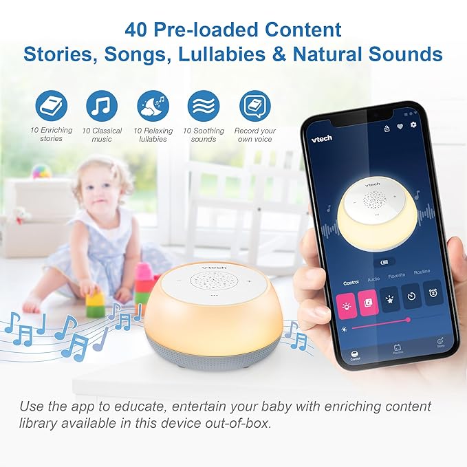 VTech BC8213 V-Hush Junior Sleep Training Soother with 40 Stories/Songs/Sounds & Record Your own Voice. Portable Bluetooth HD Speaker, 250+ Multi-Color Night Light, Ceiling Projector
