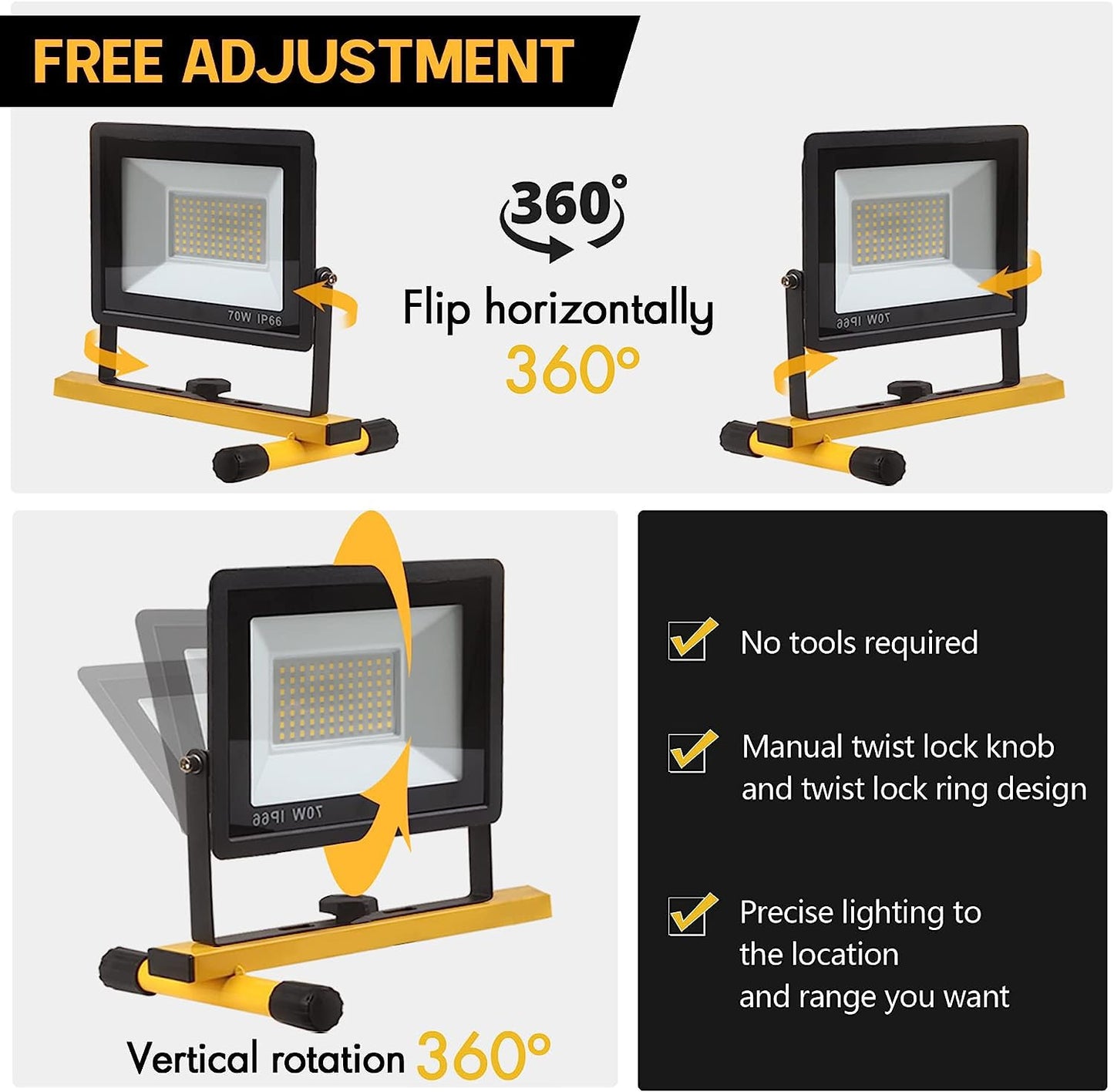 Guwell 21000 Lumen Led Work Light - 3 Adjustable Heads, Aluminum, Waterproof, Yellow-2, Model 23-Wl-08, 2-Pack