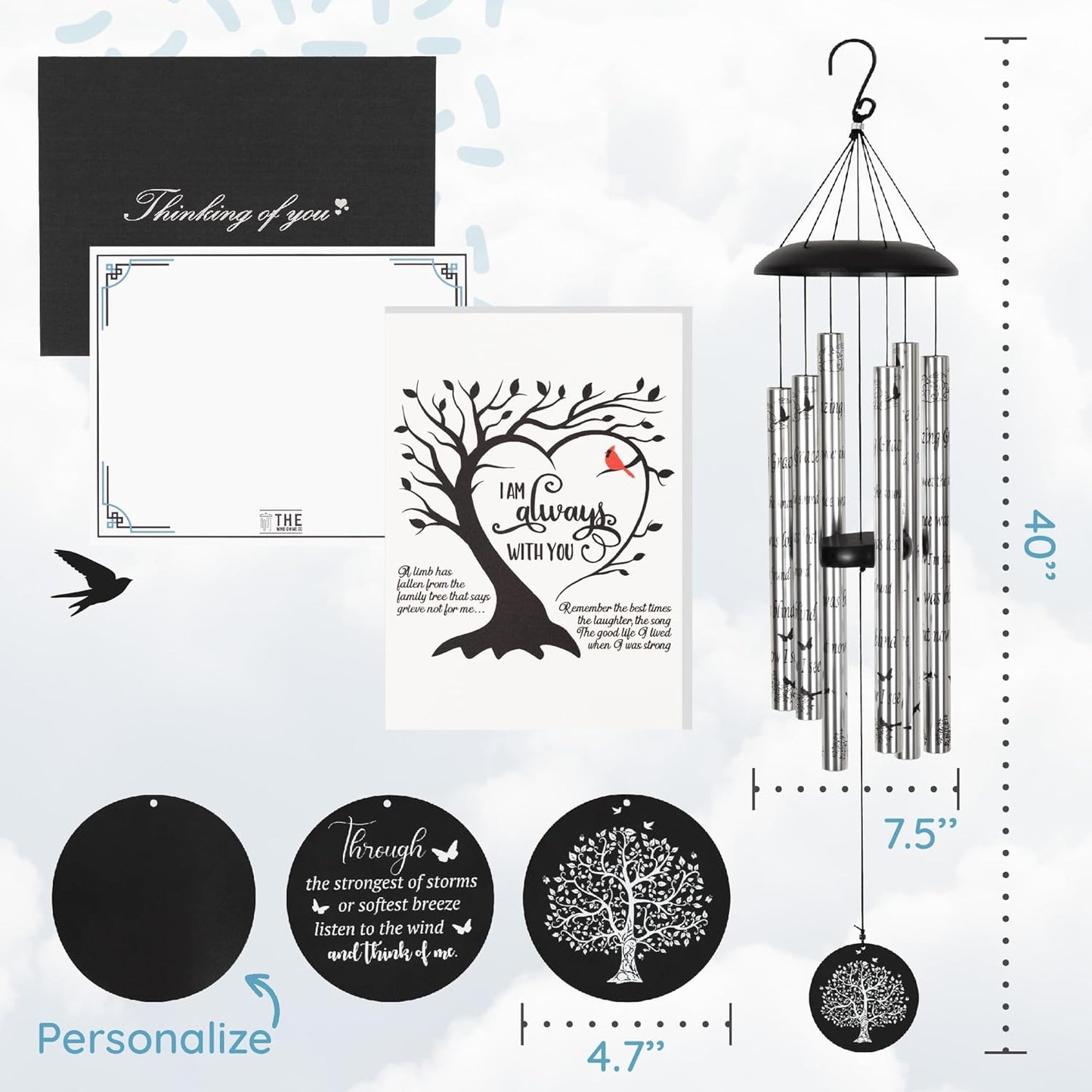 The Wind Chime CO Deep Tone Sympathy Wind Chime with 6 Andonized Aluminum Tubes Tuned Soothing Melody, Memorial Wind Chimes for Outside Decoration (Patio, Graden, Yard) 40"