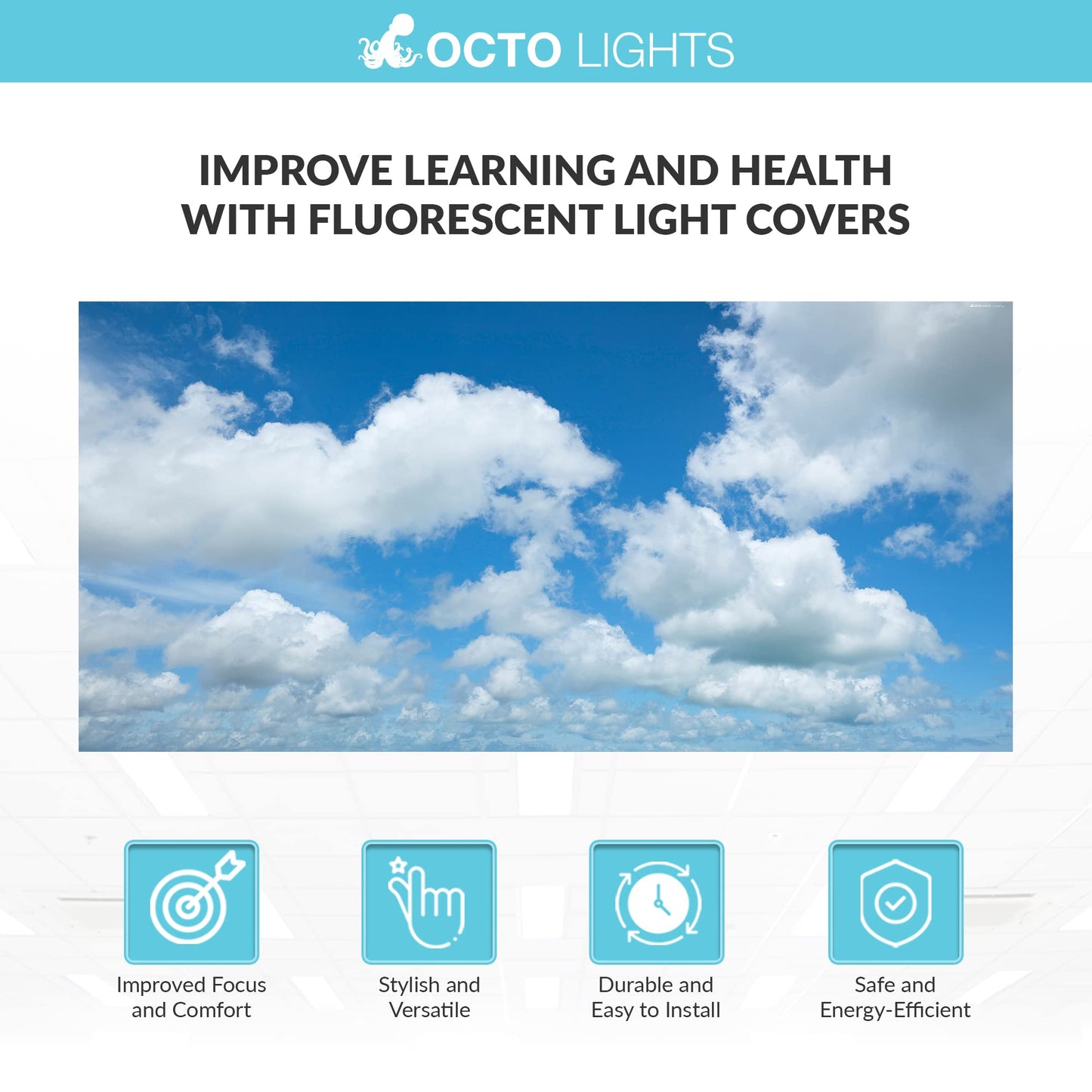 Octo Lights Fluorescent Light Covers 2X4 - Cloud 002, Backlit Film, Majestic Stratocumulus, Reduces Eye Strain And Improves Focus
