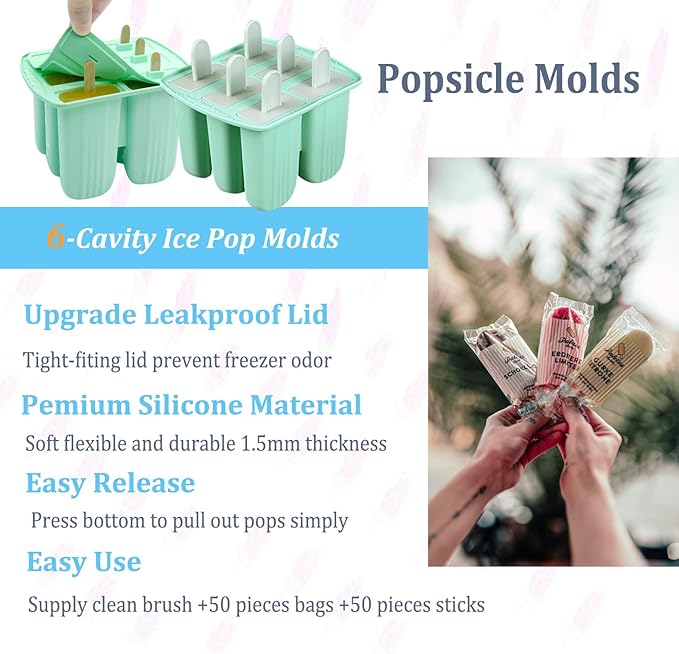 Silicone Popsicle Molds with Sticks Wpunwen 6 Cavity Ice Popsicle MoldsIce Cream Mold with Clean Brush 6 Reusable Sticks 50 Sticks 50 Bags Green
