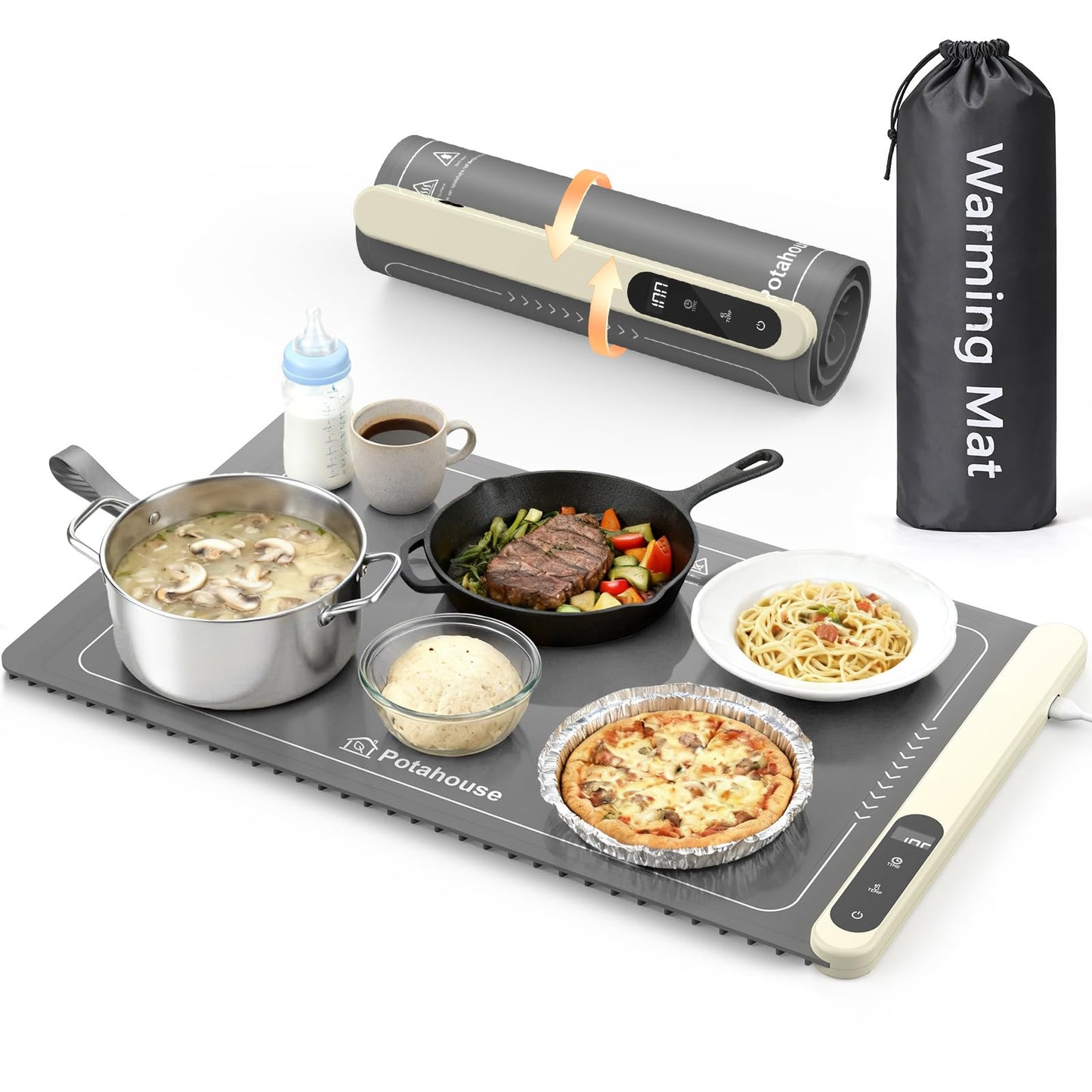 Potahouse® Warming Mat for Food, Graphene Full-Surface Fast Heating, Electric Warming Tray with 6 Temp & Timer Settings, Rollable & Portable Silicone Food Warmer for Parties, Home and Travel, Gray