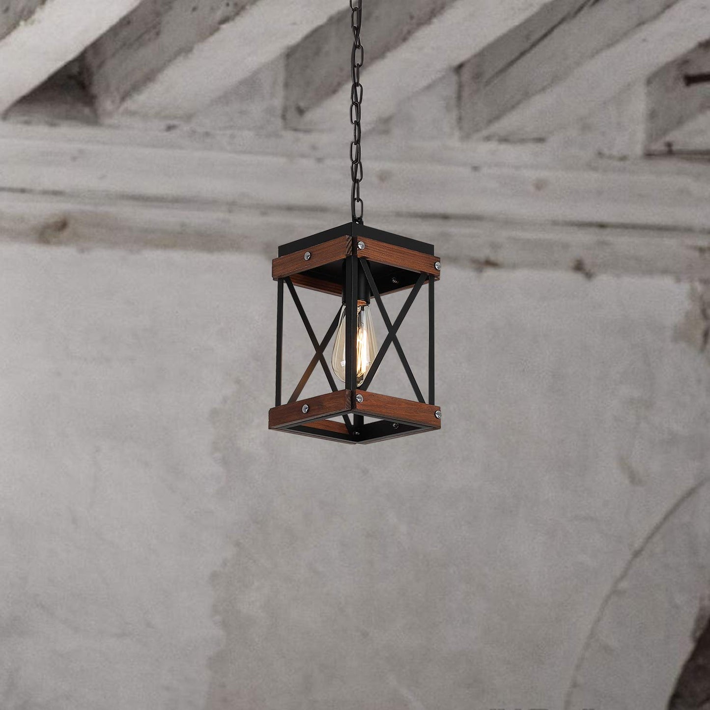 Fivess Lighting Rustic Farmhouse Pendant Light, One-Light Adjustable, Metal & Wood Cage, Black & Brown, 1-Light Pendant