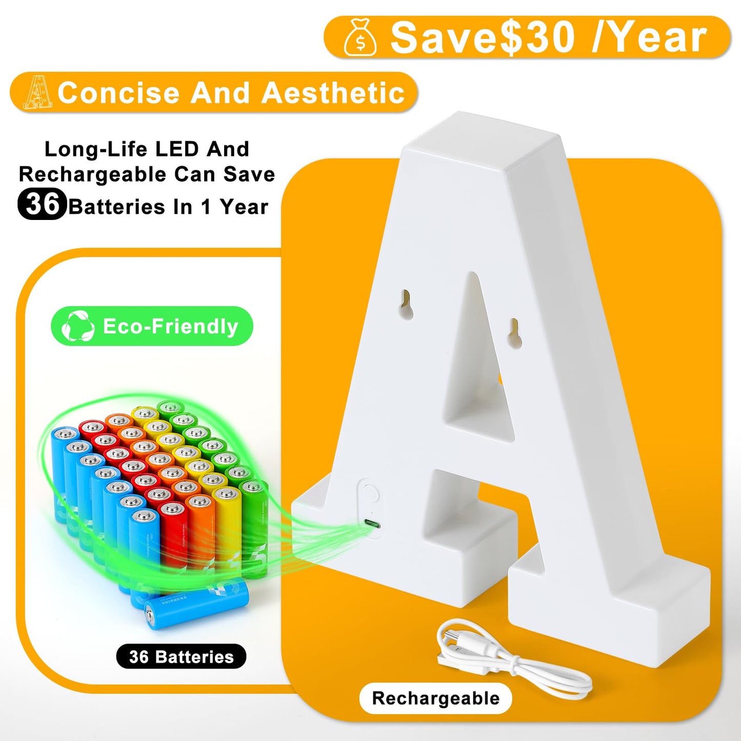 Foaky Rechargeable LED Letter Light Sign, Warm Plastic Marquee for Home Bar Decoration, Size T, Model Recharge-ABS