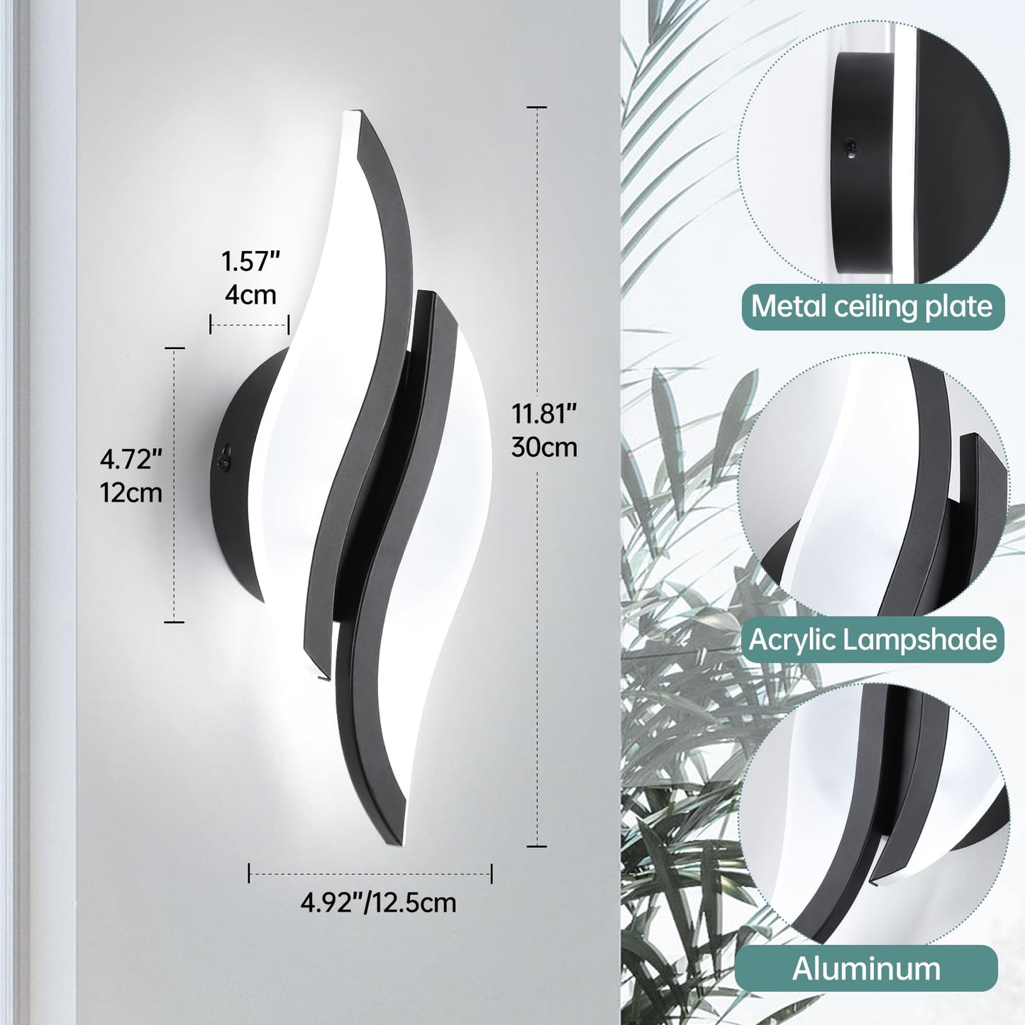 Caneoe Modern Led Wall Sconce 6000K Cold White Black Indoor Wall Light Fixtures Acrylic Wall Sconce Lighting For Living Room Bedroom Bedside Bathroom Hallway Stairway Wall Lamp