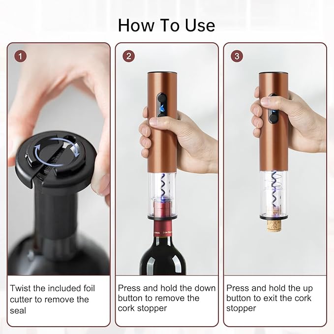Rechargeable Wine Opener by ELMWAY, Electric Wine Bottle Opener with Foil Cutter, LED Light and Stainless Steel Shell, Cordless Corkscrew & Cork Remover, Gifts for Wine lover- Rose Gold