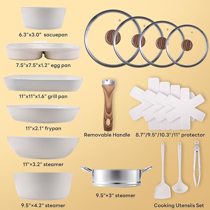 NEWBULIG Cookware Set, Nonstick & Non-Toxic Pots and Pans with Stay-Cool Handles, Induction Compatible, Cream White, 17 Pieces(6 Pot)