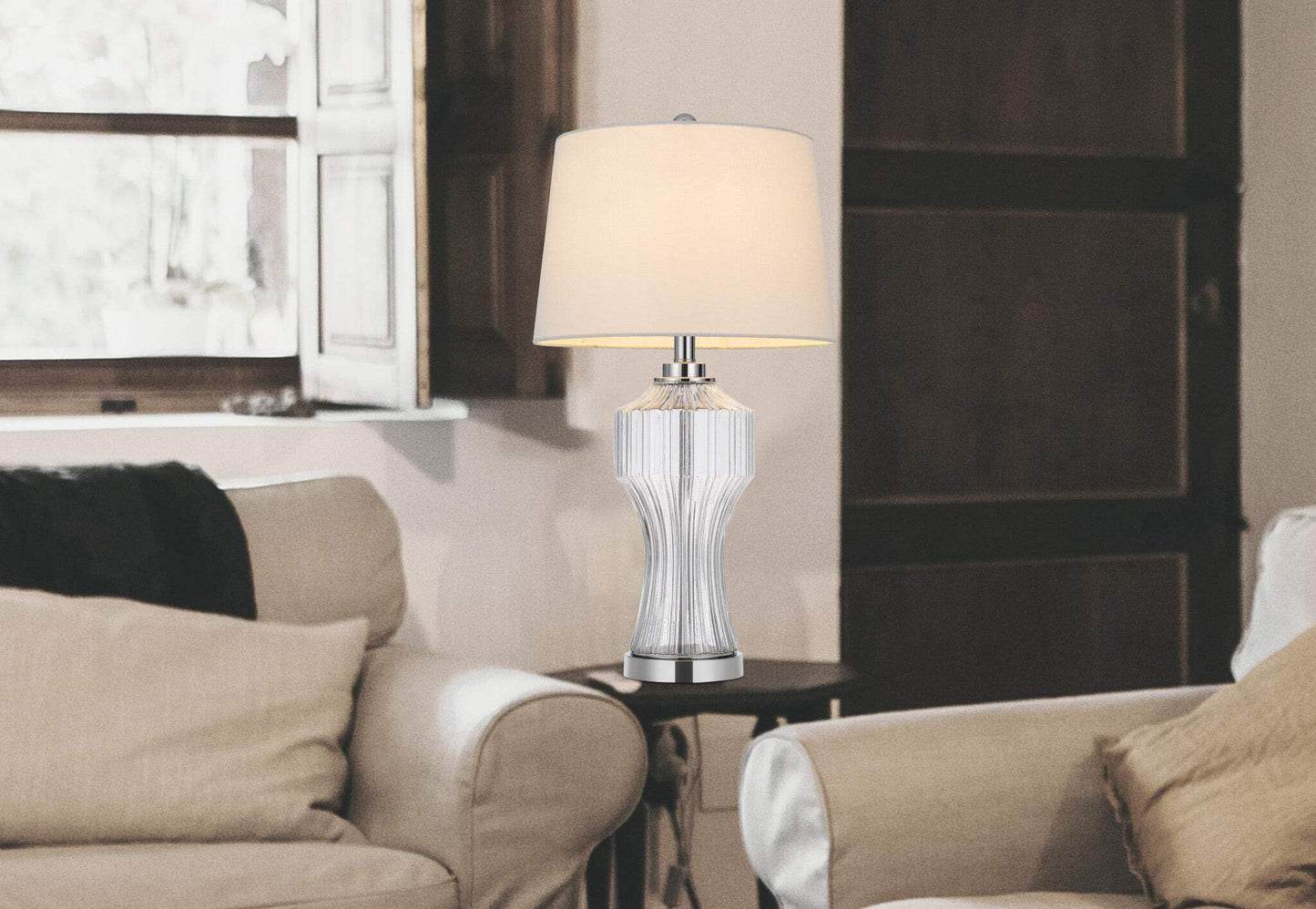 Homeroots Clear Glass Table Lamp, 26 In. With White Empire Shade, Model 524745