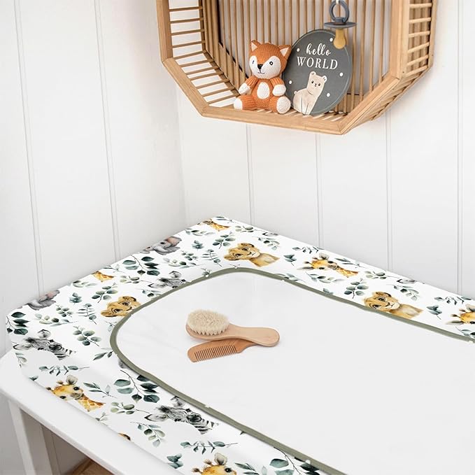 HawSkgFub African Safari Jungle Animals Eucalyptus Leaf Changing Pad Cover Baby Girls Boys, Giraffe Elephant Lion Zebra Diaper Change Table Sheet, Stretchy Safe Snug Fitted Changing Mat 32"/34" x 16"