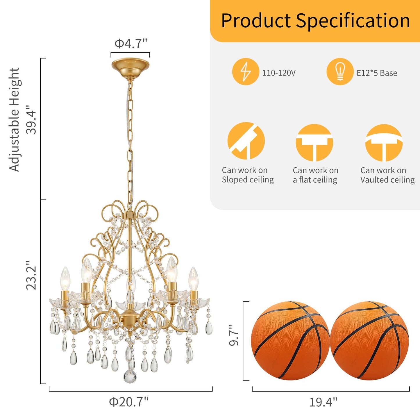 Wuzups 5-Light Crystal Candle Chandelier Pendant Ceiling Light Modern Lighting Fixture For Bedroom Hallway Bar Kitchen Bathroom  H 23.2 W 20.7  E12 Base  Gold