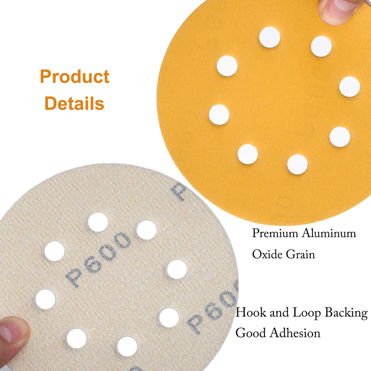 5-Inch 8-Hole Hook and Loop Sanding Discs 600-Grit Random Orbit Sandpaper, 100-Pack