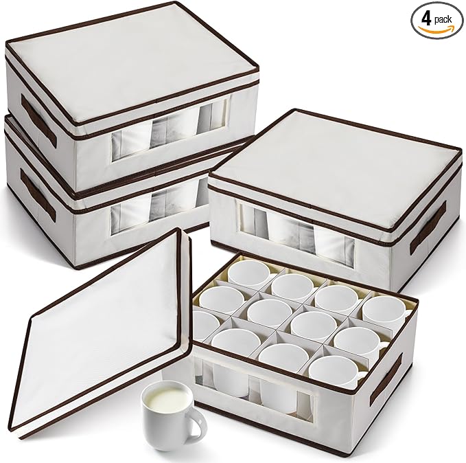 Uiifan 4 Pcs Mug 4 Pcs Champagne Flute Storage Box with Dividers 12 Compartment Stemware Storage Cases China Container Box with Lid, Handles, PVC Window for Moving, Beige